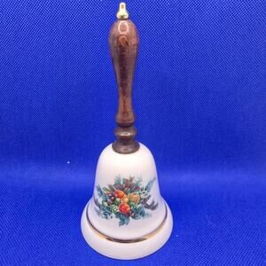 Vintage 1985 Avon Porcelain Christmas Bell * Gold Trim *Wood Handle* Ships Free!